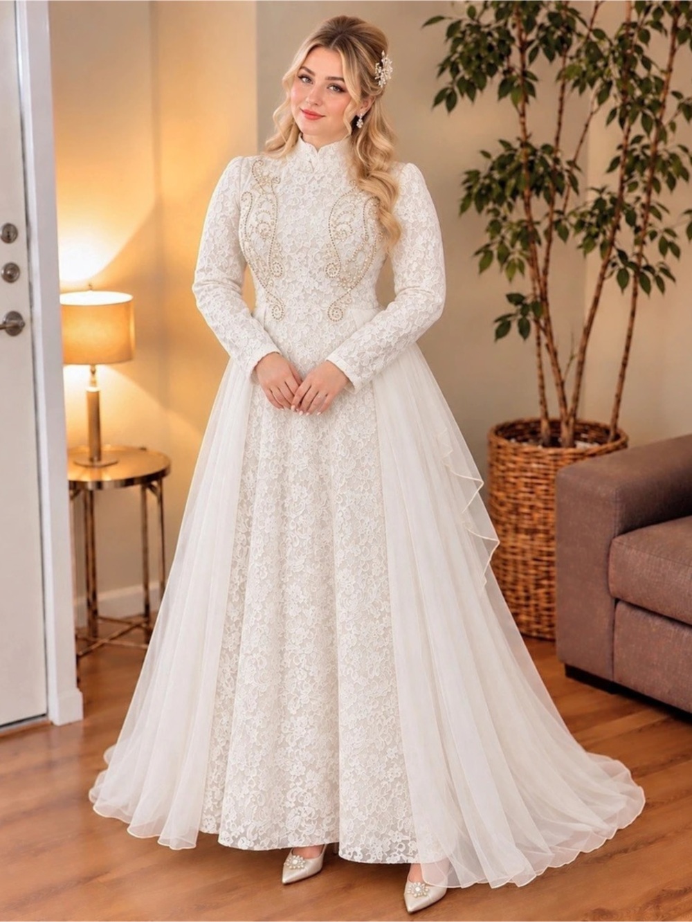 Long Sleeve Lace Wedding Maxi Dress in White Like New